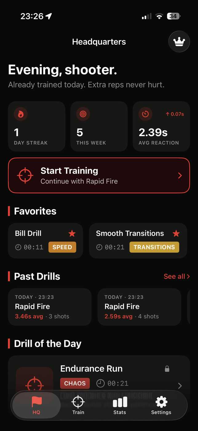 Dry Fire Pro — the HQ dashboard with day streak, weekly sessions, average reaction time, favorites, and Drill of the Day