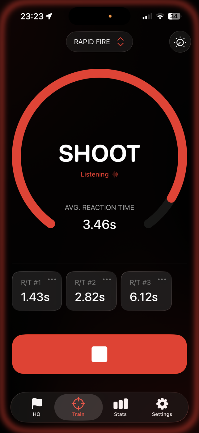 Dry Fire Pro — the Train screen with the shot timer ring and measured reaction times